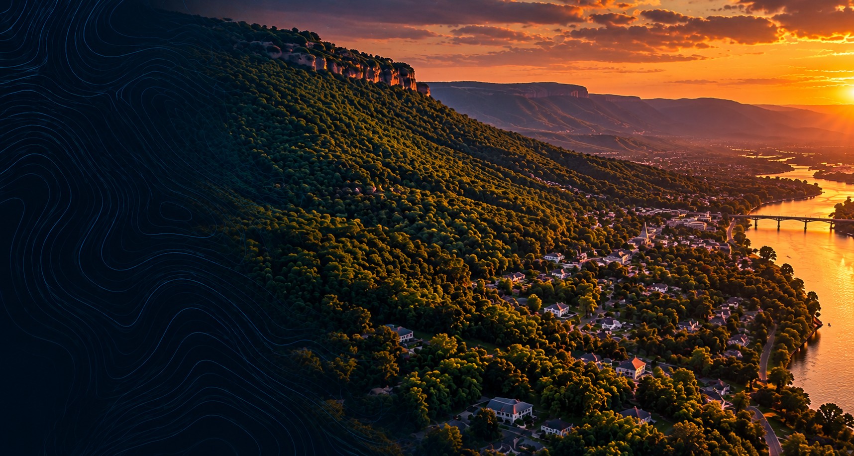 Cinematic aerial concept of a wooded river valley at sunset with topographic contours